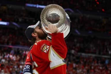 Jun 24, 2024; Sunrise, Florida, USA; Florida Panthers forward Aleksander Barkov (16) kisses the Stanley Cup  after defeating the Edmonton Oilers in game seven of the 2024 Stanley Cup Final at Amerant Bank Arena. Mandatory Credit: Sam Navarro-USA TODAY Sports