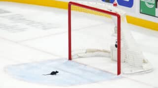 Oct 19, 2022; Sunrise, Florida, USA; A plastic rat that a fan threw to the ice sits in the crease after the Florida Panthers defeated the Philadelphia Flyersat FLA Live Arena. Mandatory Credit: Jasen Vinlove-USA TODAY Sports