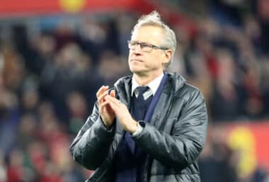 epa11235131 Finland head coach Markku Kanerva applauds their fans after the UEFA EURO 2024 play-offs semi-final between Wales and Finland in Cardiff, Britain, 21 March 2024. Wales won 4-1.  EPA-EFE/KARA THOMAS