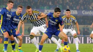 Verona, Ita1 - sports, soccer - Hellas Verona vs Juventus - Italian Serie A TIM Football Championship 2023/2024 - Marcantonio Bentegodi Stadium. In the pic: Arkadiusz Milik (14 Juventus FC) CreDa Belahyane (6 Hellas Verona)
