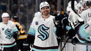 Feb 1, 2022; Boston, Massachusetts, USA; Seattle Kraken right wing Joonas Donskoi (72) celebrates with his teammates after scoring a goal against the Boston Bruins during the third period at the TD Garden. Mandatory Credit: Brian Fluharty-USA TODAY Sports