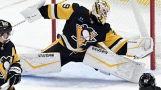 Edmonton Oilers center Leon Draisaitl scores on Pittsburgh Penguins goaltender Alex Nedeljkovic (39) during the second period at PPG Paints Arena in Pittsburgh on Thursday, January 9, 2025.