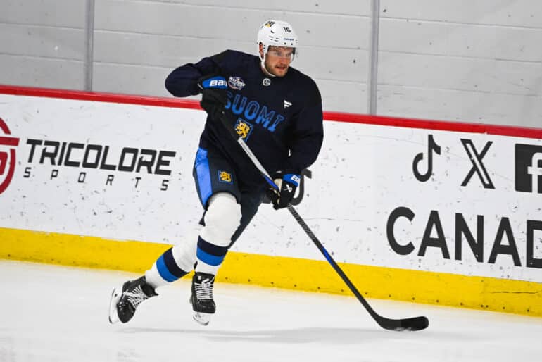 XXKEIKKAXX  BROSSARD, QC - FEBRUARY 10: Team Finland forward Aleksander Barkov (16) skates during Team Finland practice day on February 10, 2025, at CN Sports Complex in Brossard, QC, Canada (Photo by David Kirouac)