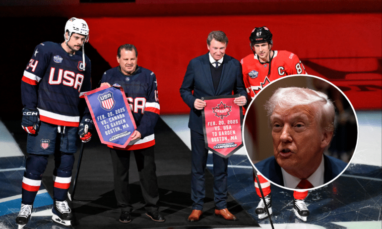 Wayne Gretzky kuvattuna 4 Nationsin finaalin avausseremoniassa Kanadan kunniakapteenin asemassa. Pikkukuvassa Yhdysvaltojen presidentti Donald Trump.