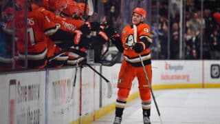 Mar 26, 2025; Anaheim, California, USA; Anaheim Ducks center Leo Carlsson (91) celebrates his shorthanded goal scored against the Boston Bruins during the first period at Honda Center. Mandatory Credit: Gary A. Vasquez-Imagn Images