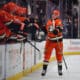 Mar 26, 2025; Anaheim, California, USA; Anaheim Ducks center Leo Carlsson (91) celebrates his shorthanded goal scored against the Boston Bruins during the first period at Honda Center. Mandatory Credit: Gary A. Vasquez-Imagn Images