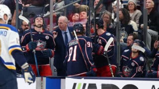Jan 4, 2025; Columbus, Ohio, USA;  Columbus Blue Jackets head coach Dean Evason congratulates his players after a goal during the second period against the St. Louis Blues at Nationwide Arena. Mandatory Credit: Joseph Maiorana-Imagn Images