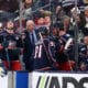 Jan 4, 2025; Columbus, Ohio, USA;  Columbus Blue Jackets head coach Dean Evason congratulates his players after a goal during the second period against the St. Louis Blues at Nationwide Arena. Mandatory Credit: Joseph Maiorana-Imagn Images