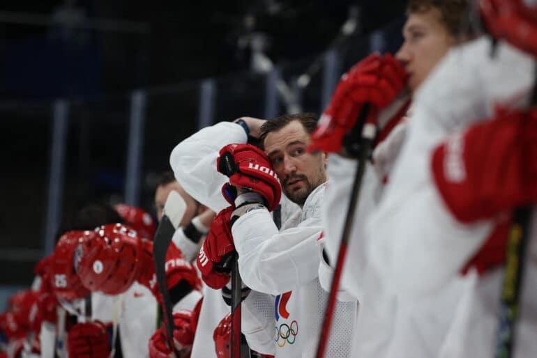 BEIJING, CHINA - FEBRUARY 20: Russian Olympic Committee s players react after losing the men s gold medal match of the Beijing 2022 Winter Olympic Games ice hockey competition between Finland and Russia s Olympic Committee, at the National Indoor Stadium in Beijing on February 20, 2022. Nikolay Muratkin / Anadolu Agency/ABACAPRESS/ddp images