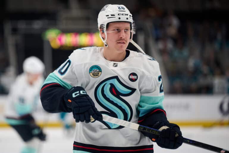 Apr 5, 2025; San Jose, California, USA; Seattle Kraken right wing Eeli Tolvanen (20) warms up before the game against the San Jose Sharks at SAP Center at San Jose. Mandatory Credit: Robert Edwards-Imagn Images