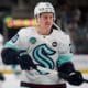 Apr 5, 2025; San Jose, California, USA; Seattle Kraken right wing Eeli Tolvanen (20) warms up before the game against the San Jose Sharks at SAP Center at San Jose. Mandatory Credit: Robert Edwards-Imagn Images