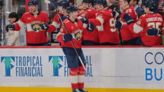 Apr 8, 2025; Sunrise, Florida, USA; Florida Panthers center Eetu Luostarinen (27) celebrates with teammates after scoring against the Toronto Maple Leafs during the third period at Amerant Bank Arena. Mandatory Credit: Sam Navarro-Imagn Images
