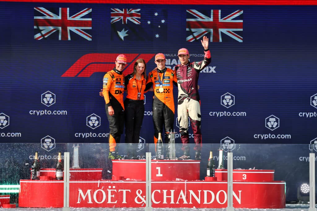 The podium (L to R): Lando Norris (GBR) McLaren, second; Louise McEwen (GBR) McLaren Chief Marketing Officer; Oscar Piastri (AUS) McLaren, race winner; George Russell (GBR) Mercedes AMG F1, third.
04.05.2025. Formula 1 World Championship, Rd 6, Miami Grand Prix, Miami, Florida, USA, Race Day.
- www.xpbimages.com, EMail: requests@xpbimages.com © Copyright: Moy / XPB Images