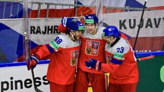 L-R David Pastrnak (CZE), scorer Martin Necas (CZE) and Lukas Sedlak (CZE) celebrate a goal (2:1) during the 2025 IIHF Ice Hockey World Championship, Group B, match Czechia vs USA, in Herning, Denmark, May 20, 2025. (CTK Photo/Vit Simanek) 
All Over Press