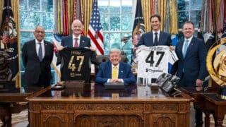 President Donald Trump addressed the media with Juventus players standing behind him, including United States internationals Timothy Weah and Weston McKennie. 

Pictured: donald trump,gianni infantino
Ref: BLU_S8386615 190625 NON-EXCLUSIVE
Picture by: Doug Mills/Pool via CNP / SplashNews.com

Splash News and Pictures
USA: 310-525-5808 
UK: 020 8126 1009
eamteam@shutterstock.com

World Rights, No France Rights
