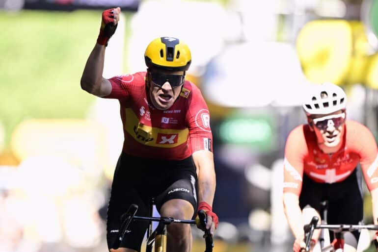 Norwegian Jonas Abrahamsen of Uno-X Mobility celebrates after winning stage 11 of the 2025 Tour de France cycling, from and to Toulouse (154km), on Wednesday 16 July 2025 in France. The 112th edition of the Tour de France starts on Saturday 5 July in Lille, France, and will finish in Paris, France on the 27th of July.