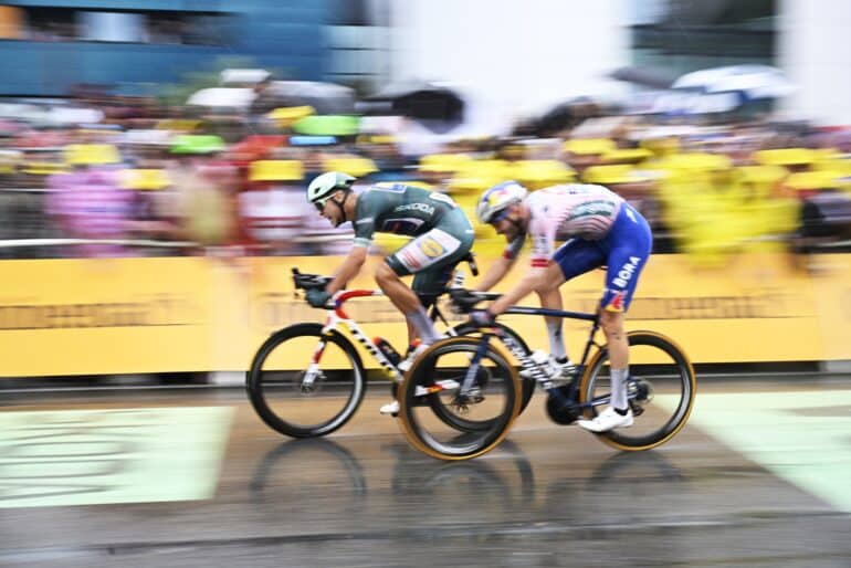 Italian Jonathan Milan of Lidl-Trek and Belgian Jordi Meeus of RedBull-BORA-hansgrohe cross the finish line of stage 17 of the 2025 Tour de France cycling race, from Bollene to Valence (161km), on Wednesday 23 July 2025 in France. The 112th edition of the Tour de France starts on Saturday 5 July in Lille, France, and will finish in Paris, France on the 27th of July.