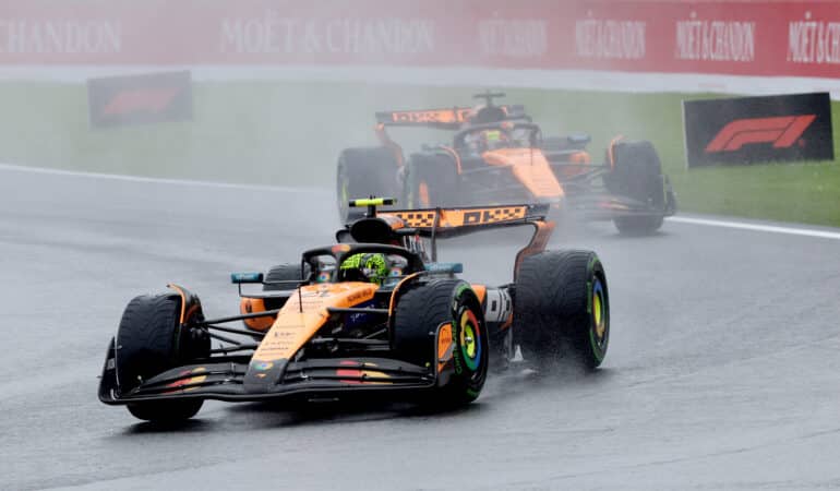 epa12265542 McLaren driver Lando Norris (front) of Britain
and McLaren driver Oscar Piastri of Australia in action during the 2025 Formula 1 Belgian Grand Prix at the Circuit de Spa-Francorchamps, Belgium, 27 July 2025.  EPA/OLIVIER MATTHYS