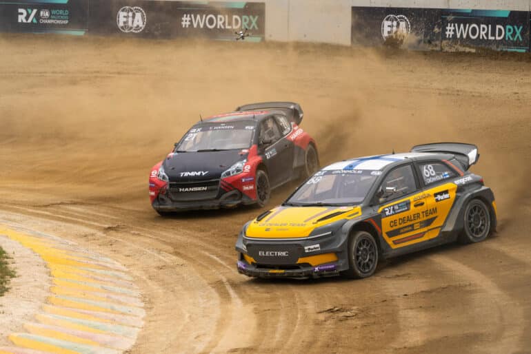 Timmy Hansen (SWE) of Hansen Mortorsport , Niclas Gronholm of team Volvo CE seen during the FIA World Rallycross Championship in Lousada, Portugal on  1,june. 2025 // Jaanus Ree / Red Bull Content Pool // SI202506010526 // Usage for editorial use only //