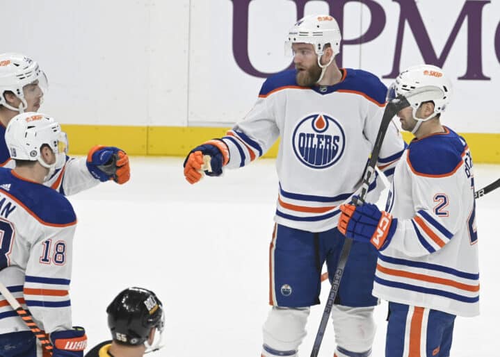 Edmonton Oilers defenseman Mattias Ekholm (14) celebrates his goal during the first period against the Pittsburgh Penguins at PPG Paints Arena in Pittsburgh on Sunday, March 10, 2024.