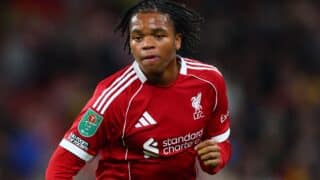 The Carabao arm patch on Rio Ngumoha of Liverpool