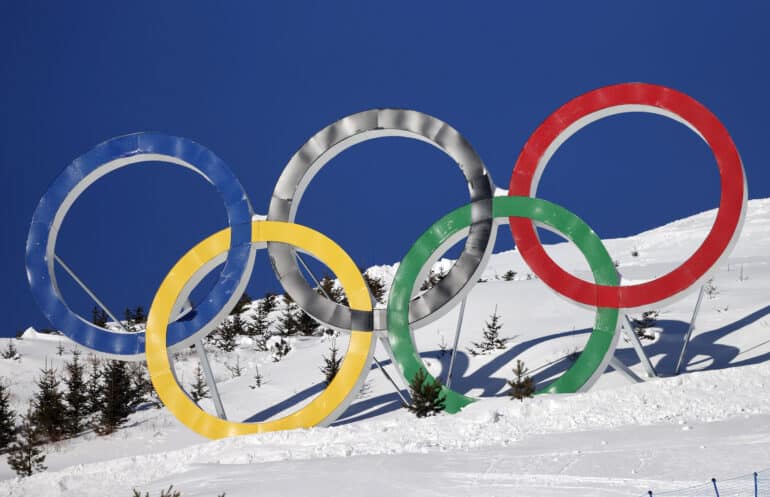 epa09715943 View of the Olympic rings next to the mogul course during the preparations of the Beijing 2022 Winter Olympics, in Zhangjakou, China, 29 January, 2022.  EPA-EFE/Guillaume Horcajuelo