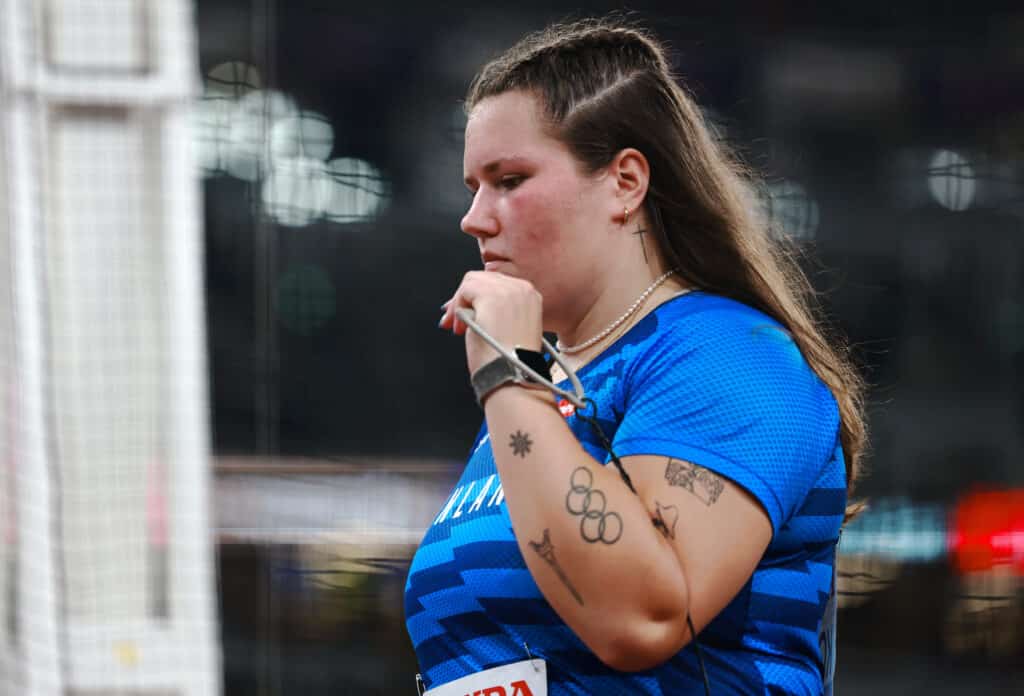 epa12380053 Silja Kosonen of Finland looks on in the Women's Hammer Throw final at the World Athletics Championships 2025 in Tokyo, Japan, 15 September 2025.  EPA/ALEX PLAVEVSKI