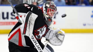 Apr 17, 2025; Buffalo, New York, USA;  Buffalo Sabres goaltender James Reimer (47) looks to make a save during the third period against the Philadelphia Flyers at KeyBank Center. Mandatory Credit: Timothy T. Ludwig-Imagn Images