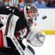 Apr 17, 2025; Buffalo, New York, USA;  Buffalo Sabres goaltender James Reimer (47) looks to make a save during the third period against the Philadelphia Flyers at KeyBank Center. Mandatory Credit: Timothy T. Ludwig-Imagn Images