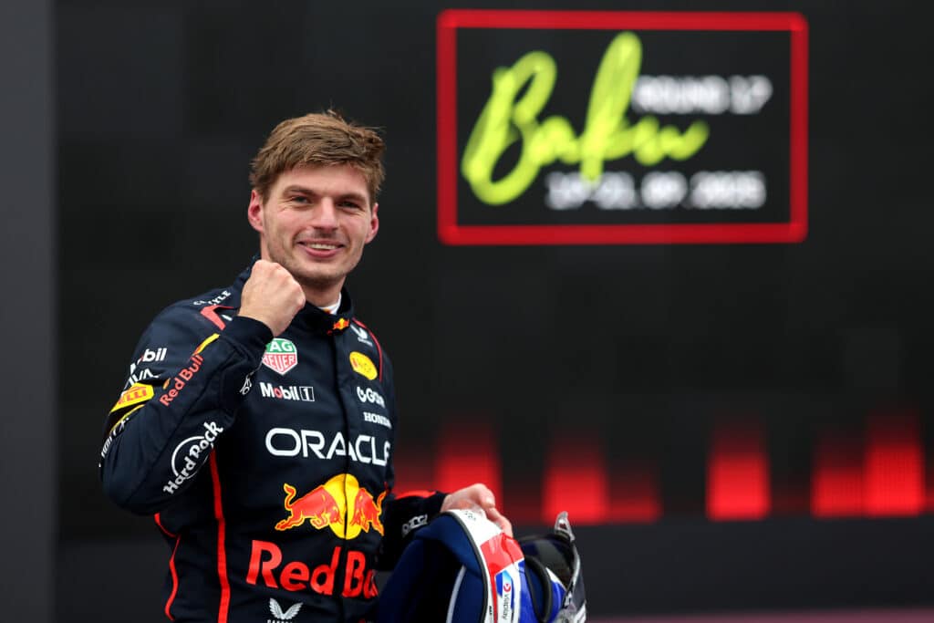 BAKU, AZERBAIJAN - SEPTEMBER 21: Race winner Max Verstappen of the Netherlands and Oracle Red Bull Racing celebrates in parc ferme during the F1 Grand Prix of Azerbaijan at Baku City Circuit on September 21, 2025 in Baku, Azerbaijan. (Photo by Mark Thompson/Getty Images) // Getty Images / Red Bull Content Pool // SI202509210380 // Usage for editorial use only //