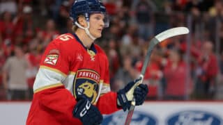 Oct 9, 2025; Sunrise, Florida, USA; Florida Panthers center Anton Lundell (15) looks on after scoring against the Philadelphia Flyers during the second period at Amerant Bank Arena. Mandatory Credit: Sam Navarro-Imagn Images
