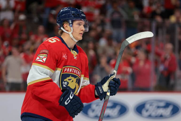 Oct 9, 2025; Sunrise, Florida, USA; Florida Panthers center Anton Lundell (15) looks on after scoring against the Philadelphia Flyers during the second period at Amerant Bank Arena. Mandatory Credit: Sam Navarro-Imagn Images
