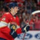 Oct 9, 2025; Sunrise, Florida, USA; Florida Panthers center Anton Lundell (15) looks on after scoring against the Philadelphia Flyers during the second period at Amerant Bank Arena. Mandatory Credit: Sam Navarro-Imagn Images