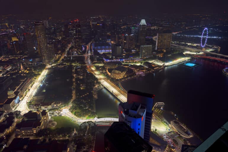 Singapore - 6 Sep 2019: Aerial view of Singapore Formula One Street circuit around Marina Bay and the Central Business District, illuminated at night before the motor sports event in Singapore.