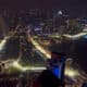 Singapore - 6 Sep 2019: Aerial view of Singapore Formula One Street circuit around Marina Bay and the Central Business District, illuminated at night before the motor sports event in Singapore.