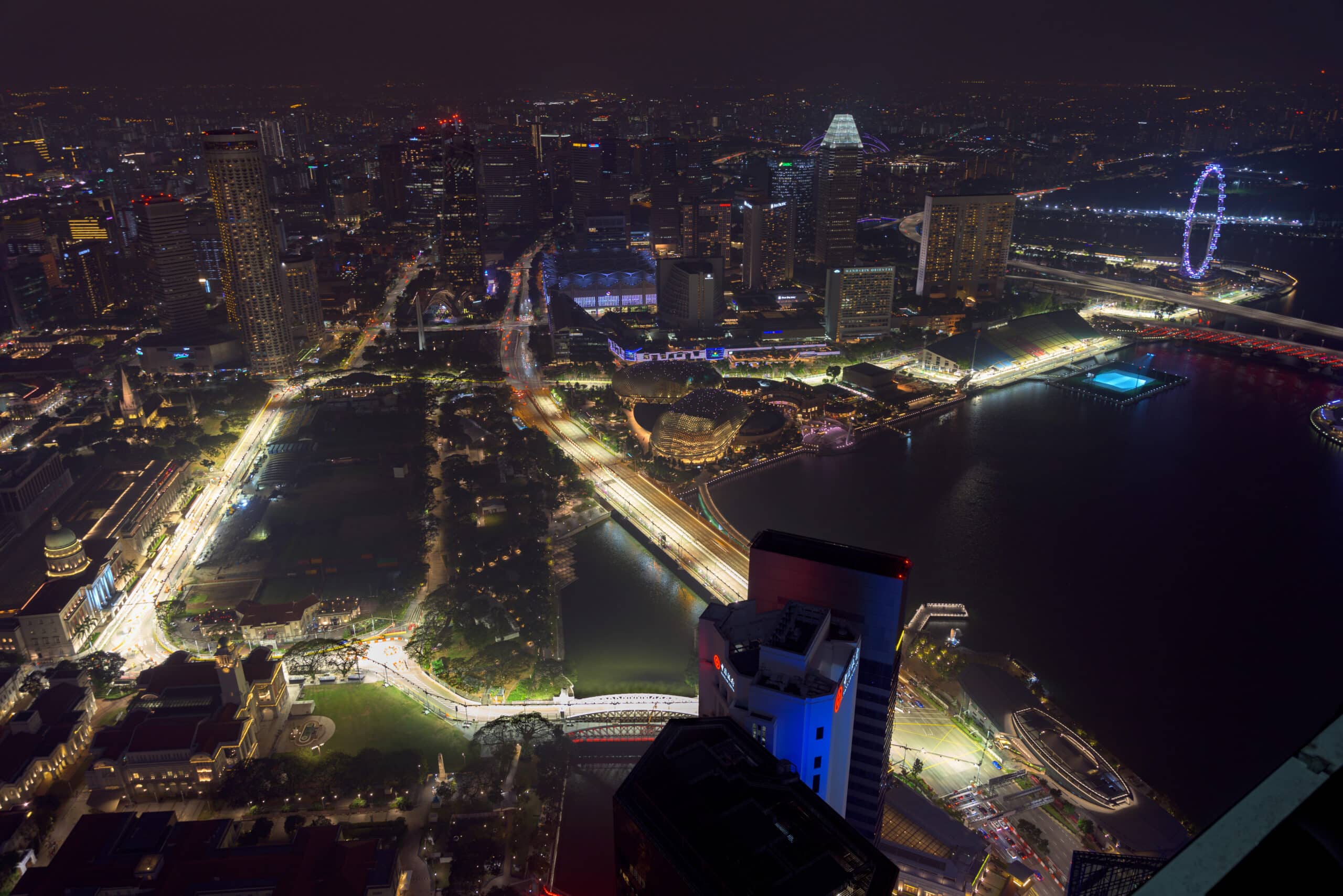Singapore - 6 Sep 2019: Aerial view of Singapore Formula One Street circuit around Marina Bay and the Central Business District, illuminated at night before the motor sports event in Singapore.