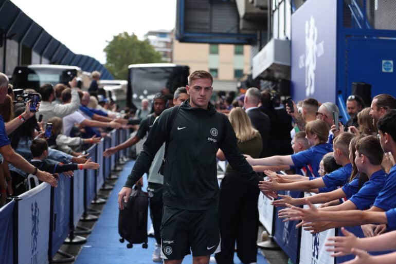 Liam Delap of Chelsea arriving at the stadium ahead of the match; Stamford Bridge, Chelsea, London, England: Premier League Football, Chelsea versus Fulham.