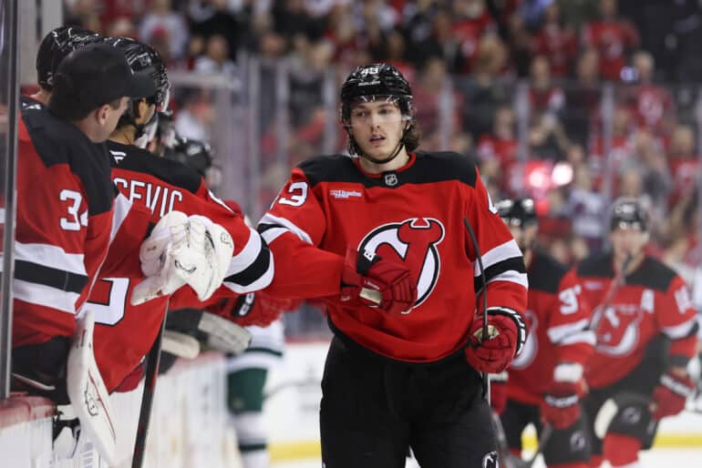 Mar 31, 2025; Newark, New Jersey, USA; New Jersey Devils defenseman Luke Hughes (43) celebrates his goal against the Minnesota Wild during the first period at Prudential Center. Mandatory Credit: Ed Mulholland-Imagn Images