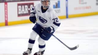 Oct 4, 2025; Tempe, AZ, USA; Penn State Nittany Lions forward Gavin McKenna (72) skates against the Arizona State Sun Devils during the third period at Mullett Arena. Mandatory Credit: Joe Camporeale-Imagn Images