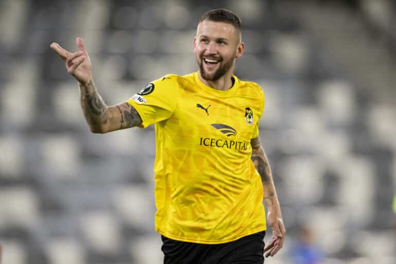 epa12425135 Piotr Parzyszek of KuPS celebrates after scoring the 1-0 goal during the UEFA Conference League league phase match between KuPS and FC Drita at Tammela Stadium, Tampere, Finland, 02 October 2025.  EPA/JUSSI ESKOLA