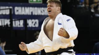 MONTPELLIER, FRANCE : Martti PUUMALAINEN FIN vs. Guram TUSHISHVILI lors de la finale des 100kg aux Championnats dEurope de Judo Montpellier 2023, le 5 Novembre 2023. MONTPELLIER, FRANCE : Judo European Championships Montpellier 2023 on November 5th, 2023. JUDO : Championnats dEurope - Montpellier 2023 - 05/11/2023 ValentinaClaret/Panoramic PUBLICATIONxNOTxINxFRAxBEL