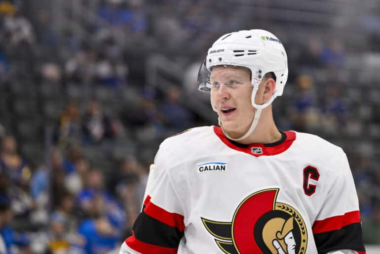 Oct 2, 2025; St. Louis, Missouri, USA; Ottawa Senators left wing Brady Tkachuk (7) looks on during the third period against the St. Louis Blues at Enterprise Center. Mandatory Credit: Jeff Curry-Imagn Images