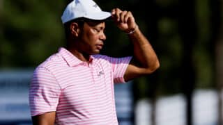 epaselect epa11408276 Tiger Woods of the US reacts on the 14th hole during the first round of the 2024 US Open golf tournament at Pinehurst No. 2 course in Pinehurst, North Carolina, USA, 13 June 2024.  EPA-EFE/ERIK S. LESSER
