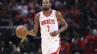 Oct 8, 2025; Houston, Texas, USA; Houston Rockets forward Kevin Durant (7) brings the ball up the court during the third quarter against the Utah Jazz at Toyota Center. Mandatory Credit: Troy Taormina-Imagn Images