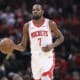 Oct 8, 2025; Houston, Texas, USA; Houston Rockets forward Kevin Durant (7) brings the ball up the court during the third quarter against the Utah Jazz at Toyota Center. Mandatory Credit: Troy Taormina-Imagn Images