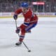 Oct 14, 2025; Montreal, Quebec, CAN; Montreal Canadiens defenseman Kaiden Guhle (21) takes a shot on net during the second period of the game against the Seattle Kraken at the Bell Centre. Mandatory Credit: Eric Bolte-Imagn Images