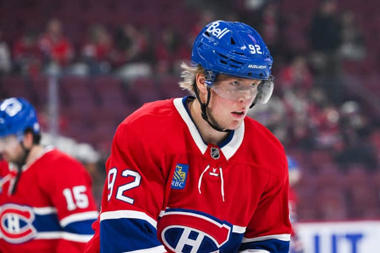 Oct 16, 2025; Montreal, Quebec, CAN; Montreal Canadiens right wing Patrik Laine (92) looks on during warm-up before the game against the Nashville Predators at Bell Centre. Mandatory Credit: David Kirouac-Imagn Images