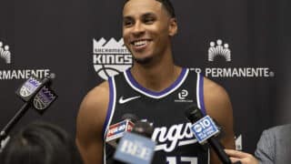 The Sacramento Kings' Keegan Murray answers questions from the media during the team's media day in Sacramento, California, on Sept. 29, 2025. (Hannah Ruhoff/The Sacramento Bee/TNS)