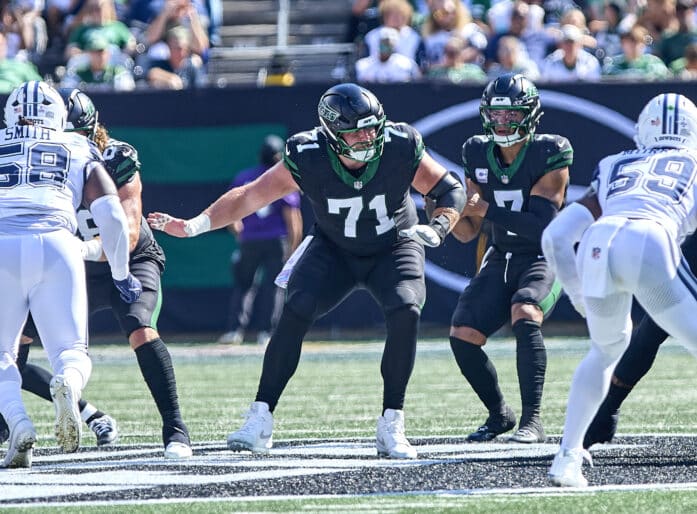 New York Jets center Josh Myers (71) during a NFL game against the Dallas Cowboys at MetLife Stadium in East Rutherford, New Jersey