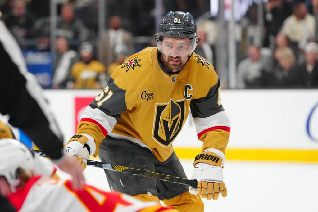 Oct 18, 2025; Las Vegas, Nevada, USA; Vegas Golden Knights right wing Mark Stone (61) skates against the Calgary Flames during the second period at T-Mobile Arena. Mandatory Credit: Stephen R. Sylvanie-Imagn Images